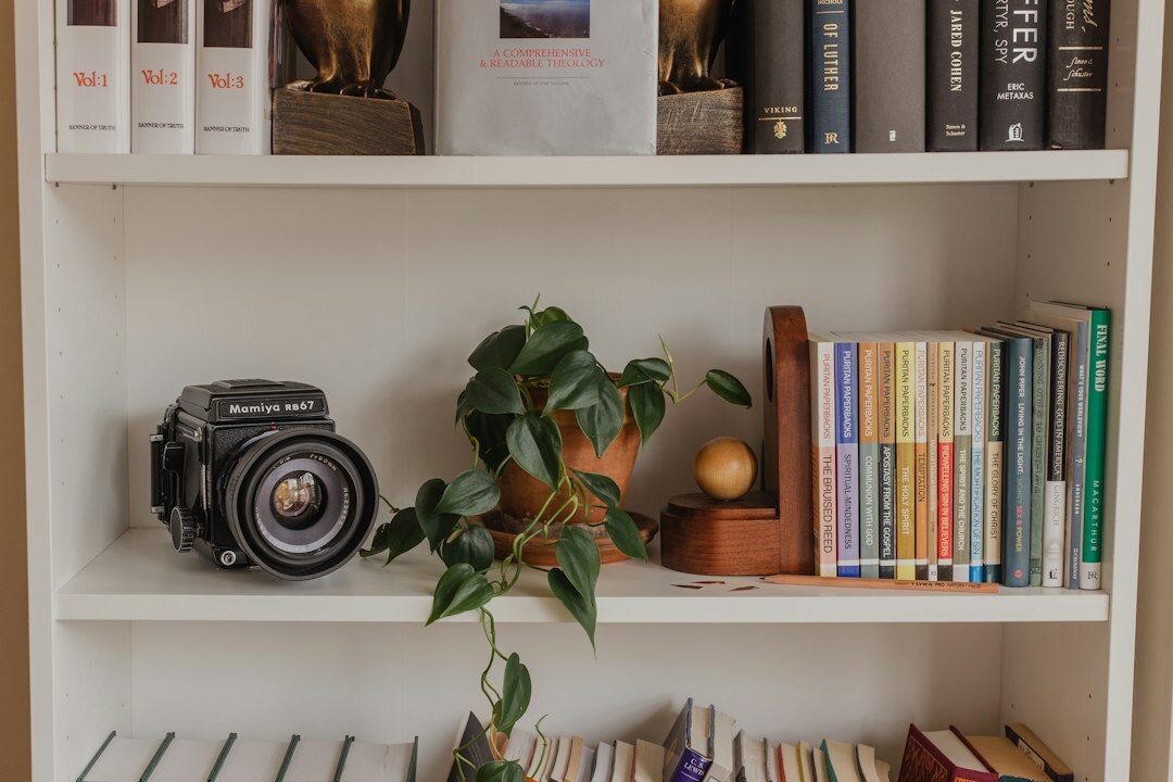 bookshelf full of mysteries