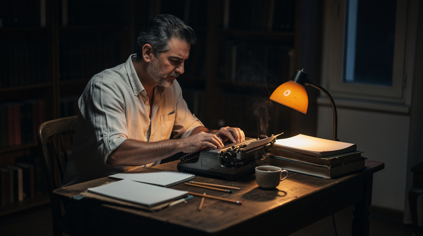 Croatian writer working at a wooden desk with a typewriter and notebooks