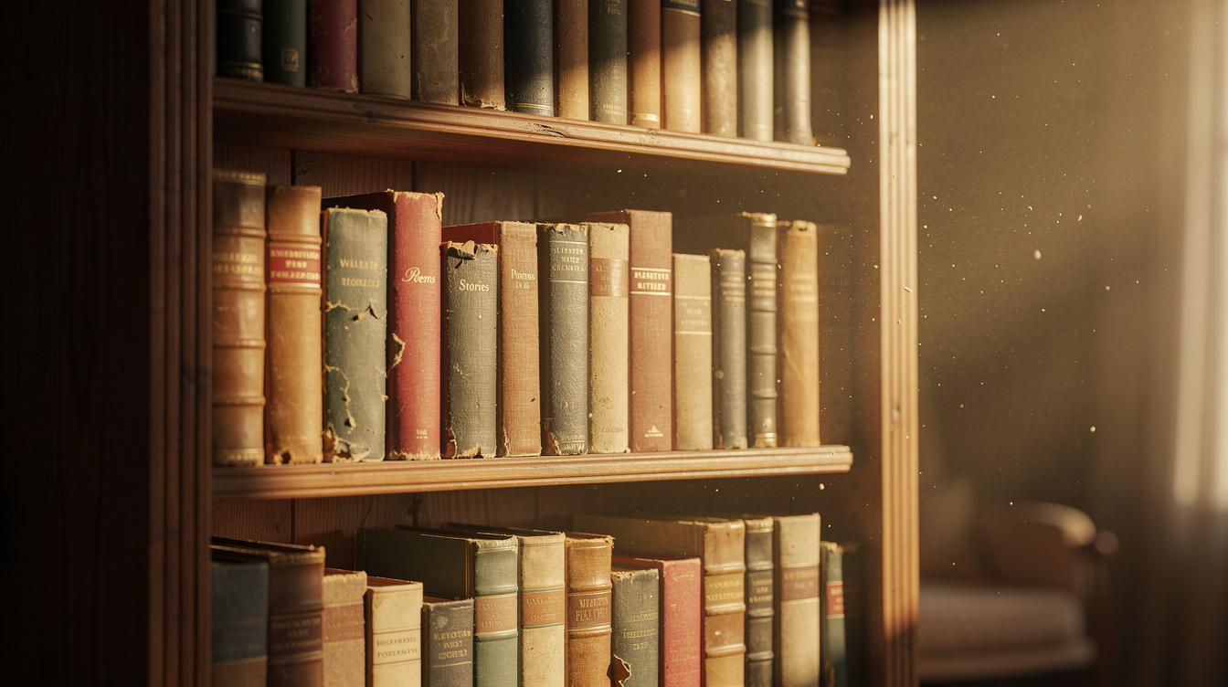 Old wooden bookshelf filled with worn hardcover books