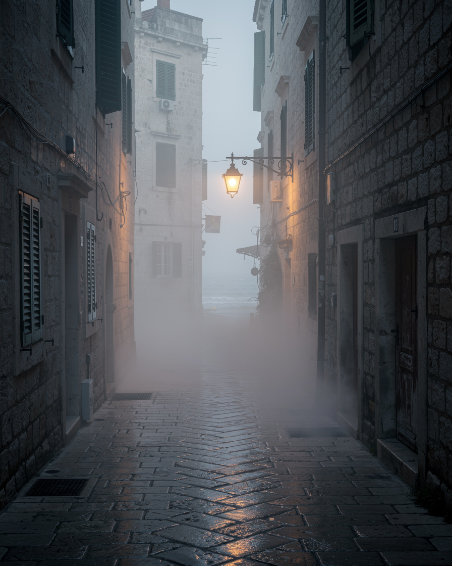 Foggy old Croatian coastal town with narrow stone streets