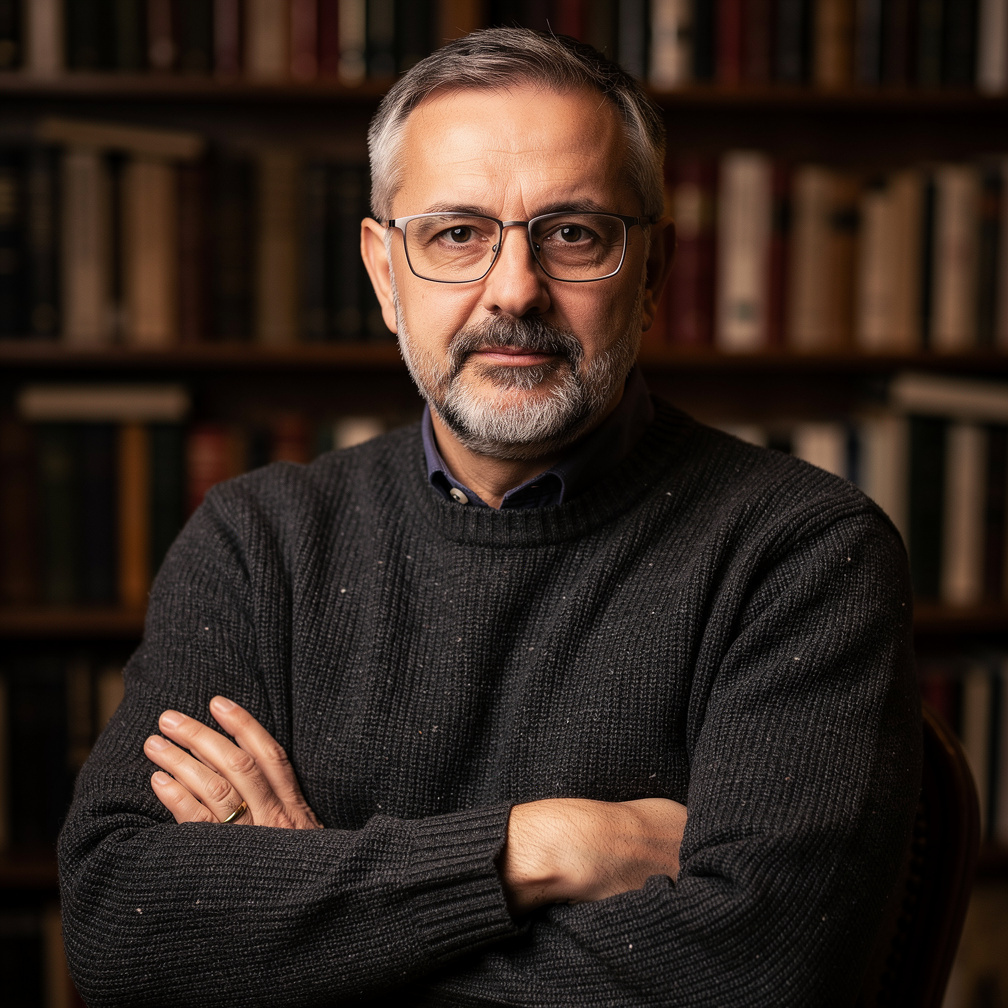 Portrait of a middle-aged Croatian male mystery writer with glasses in a study